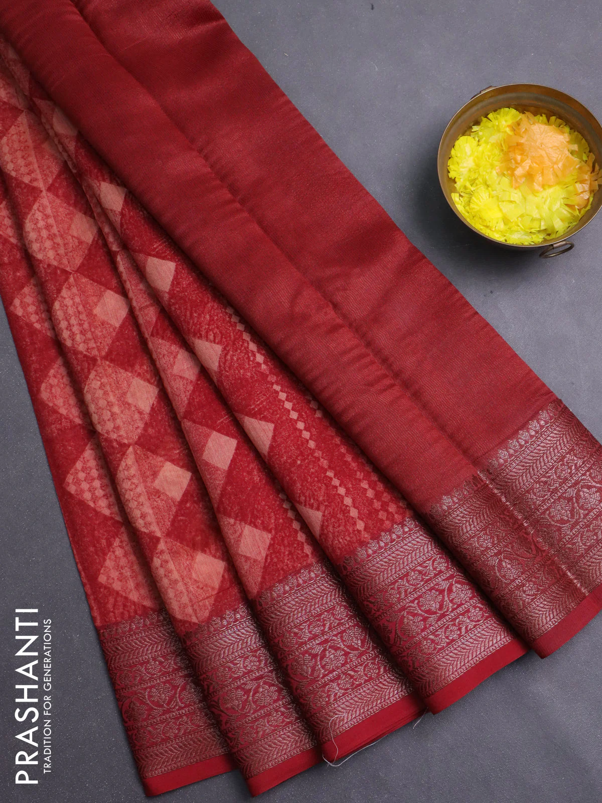 Chanderi silk cotton saree maroon with allover geometric prints and banarasi style border