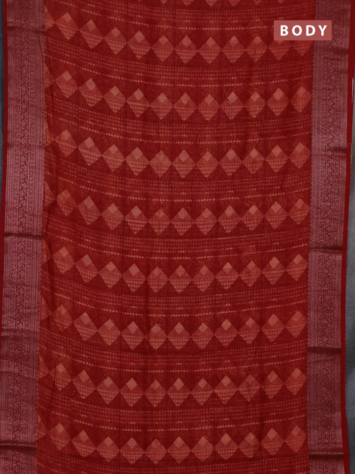 Chanderi silk cotton saree maroon with allover geometric prints and banarasi style border - Image 2