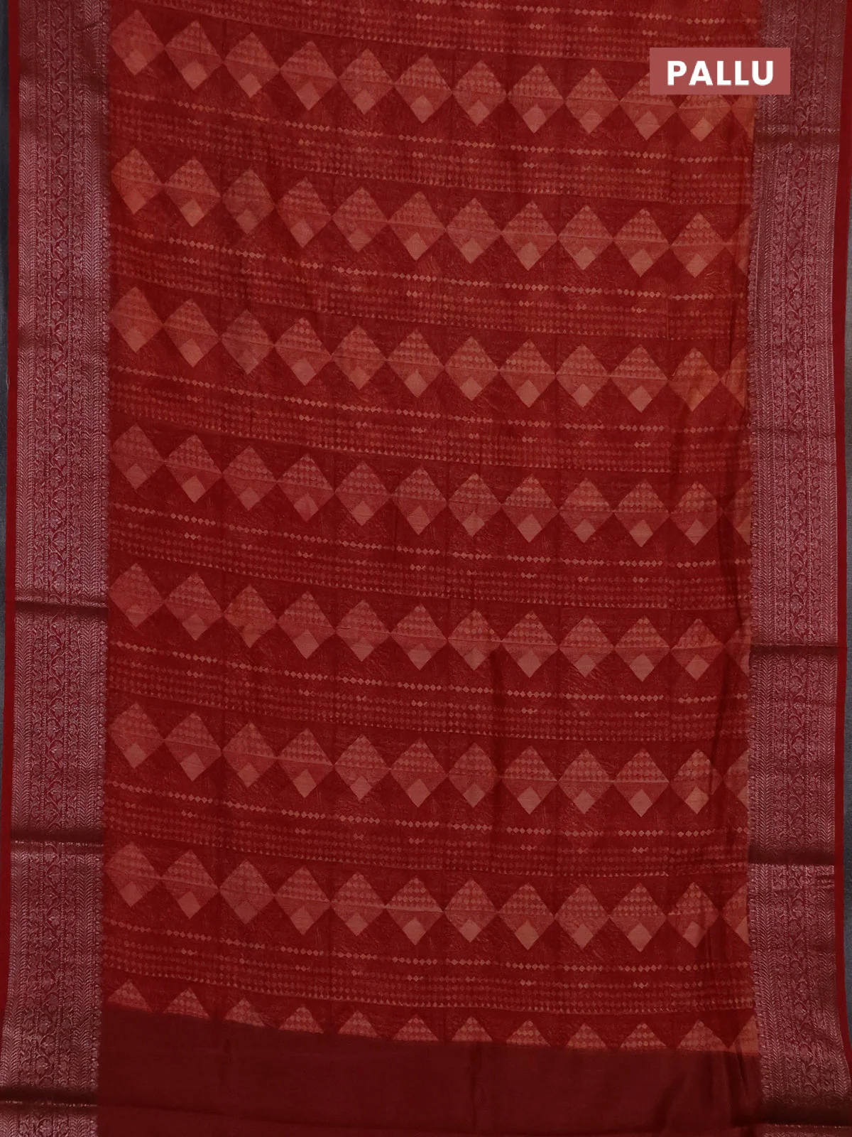 Chanderi silk cotton saree maroon with allover geometric prints and banarasi style border - Image 3