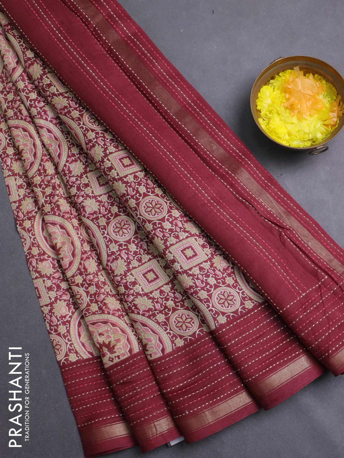 Chanderi silk cotton saree maroon with allover geometric prints and kantha stich work border