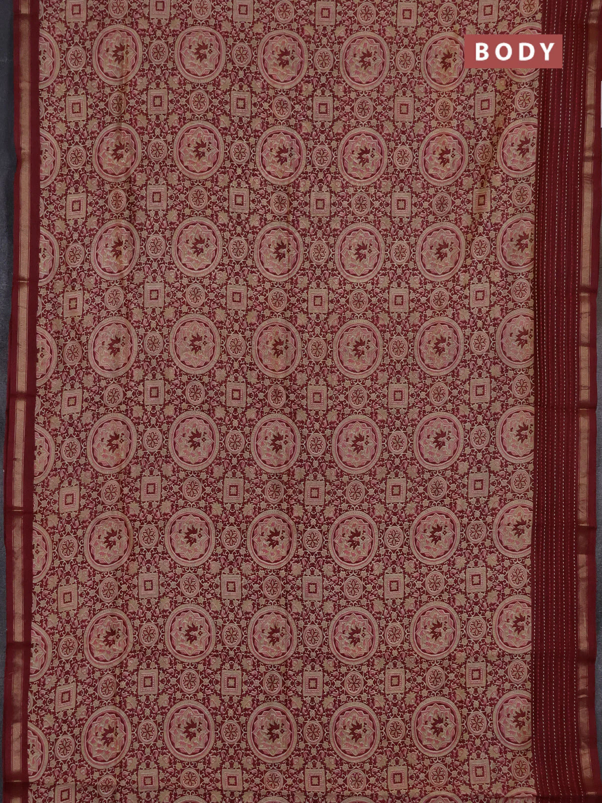Chanderi silk cotton saree maroon with allover geometric prints and kantha stich work border - Image 2