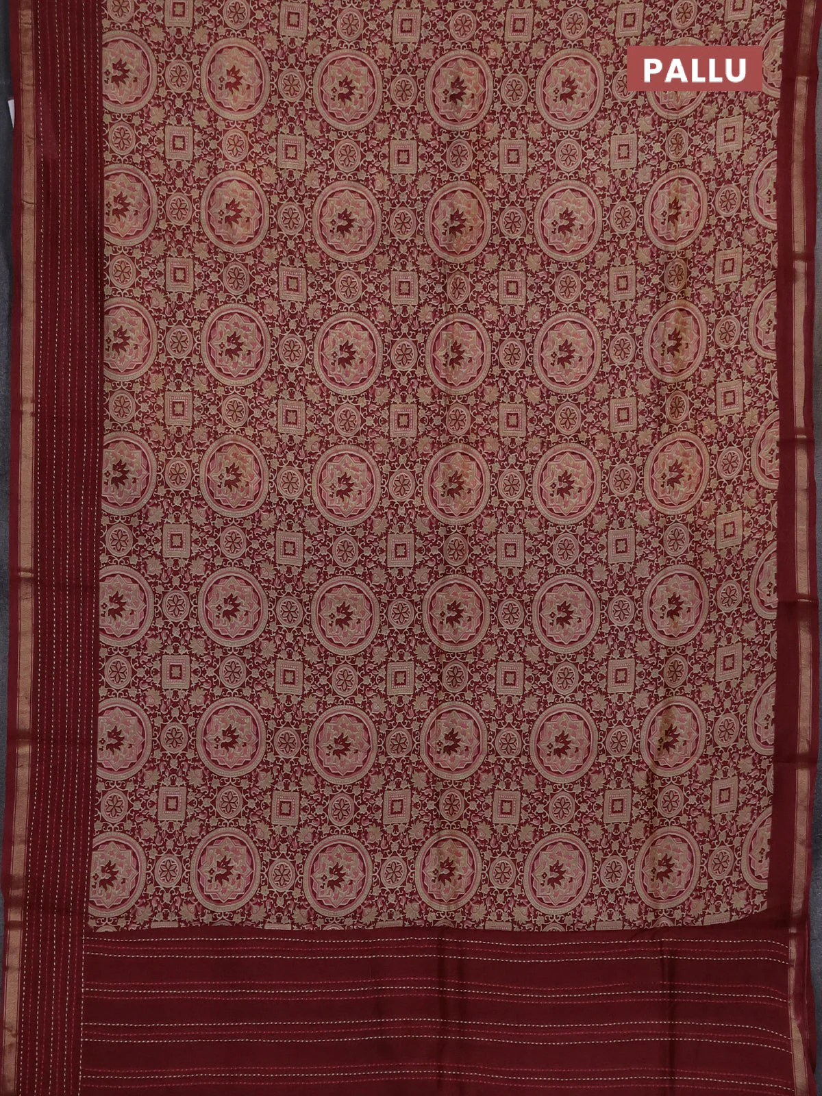 Chanderi silk cotton saree maroon with allover geometric prints and kantha stich work border - Image 3