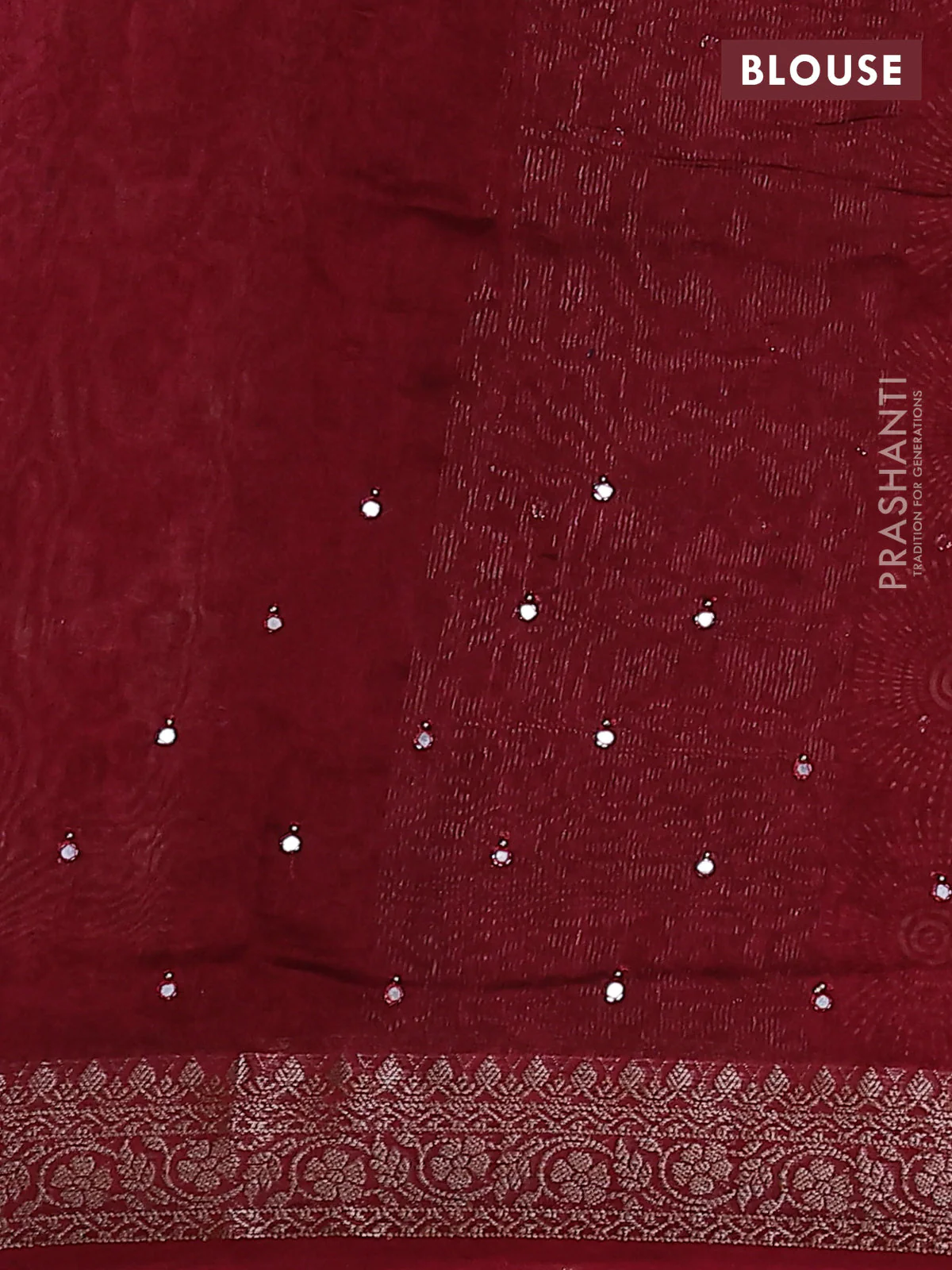 Chanderi silk cotton saree maroon with allover geometric prints & mirror work and zari woven border - Image 3