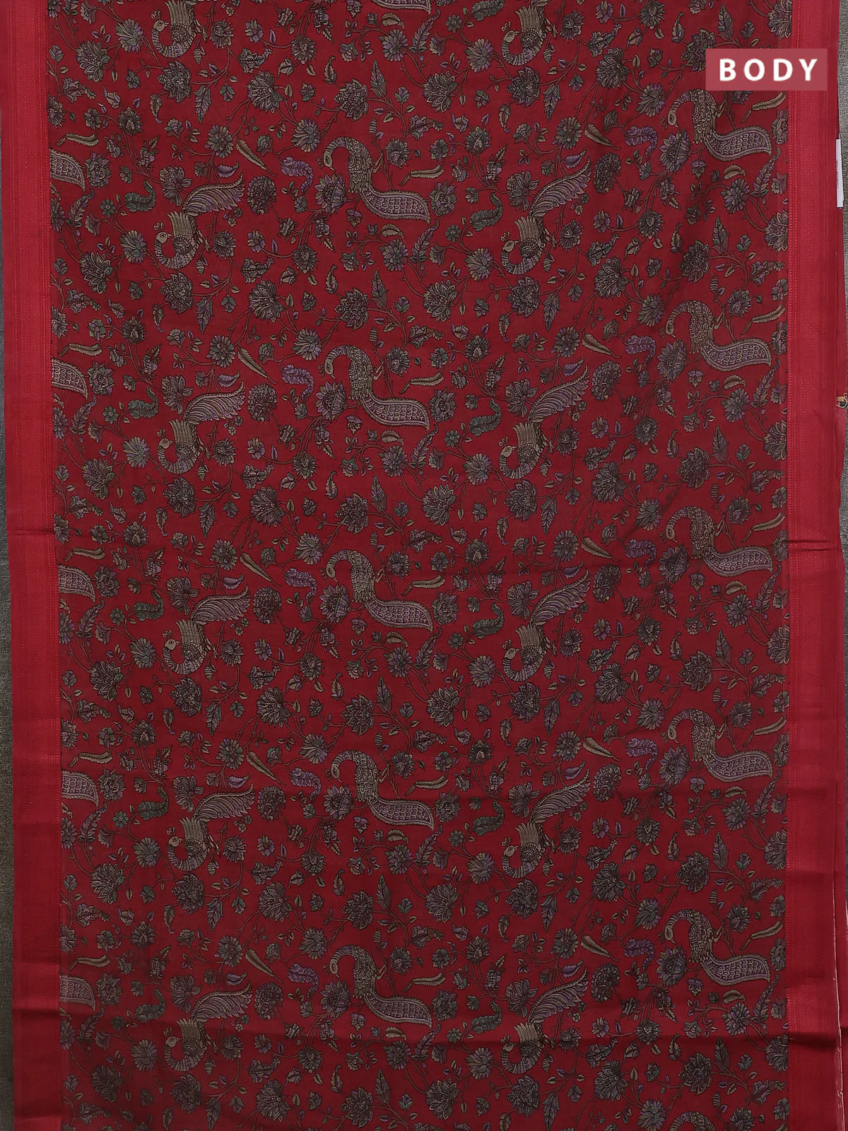 Chanderi silk cotton saree maroon with allover kalamkari prints and woven border - Image 2