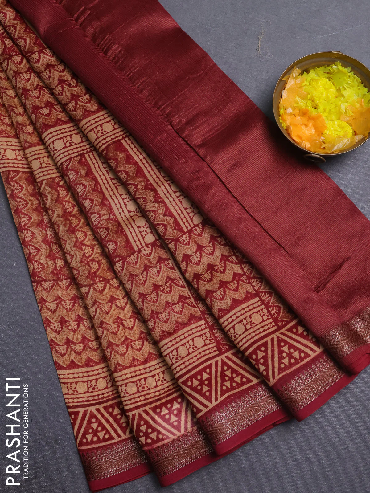 Chanderi silk cotton saree maroon with allover prints and banarasi style border