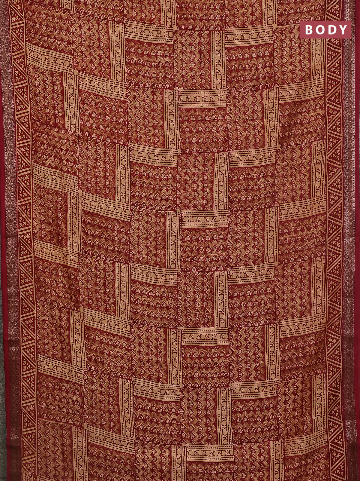 Chanderi silk cotton saree maroon with allover prints and banarasi style border - Image 2