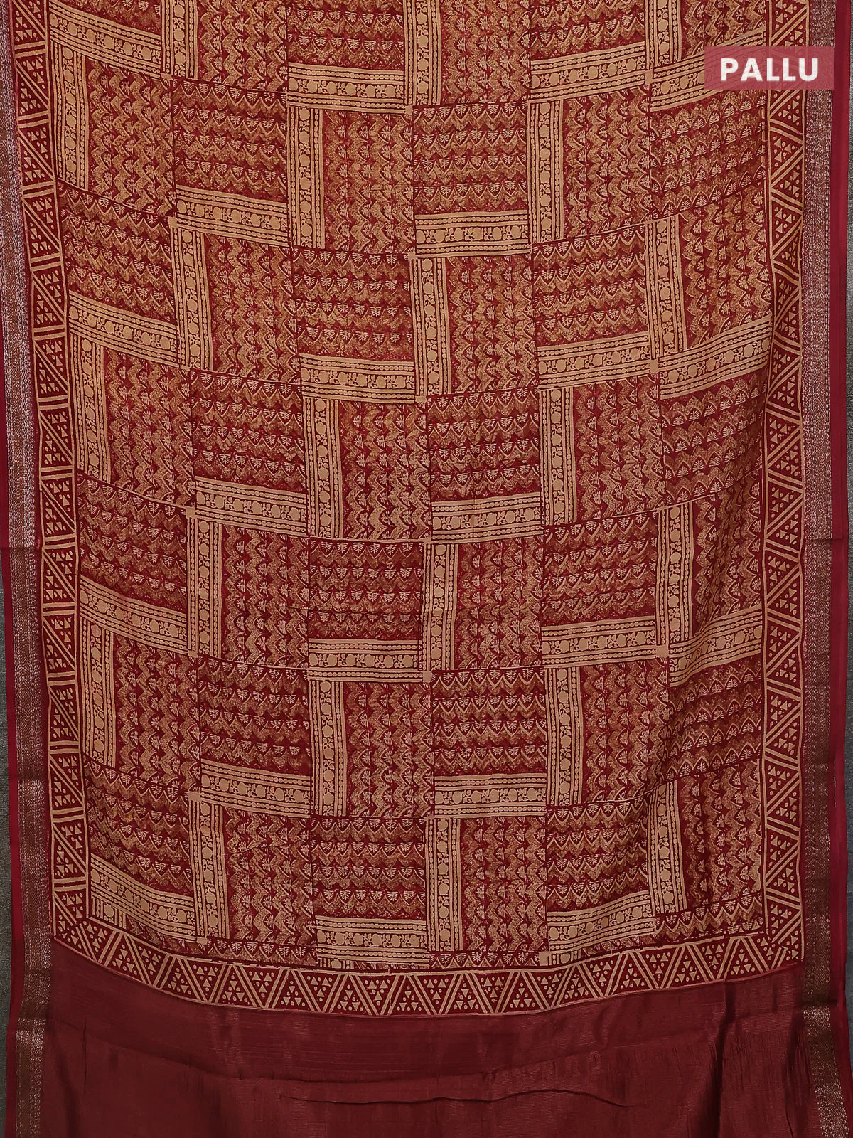 Chanderi silk cotton saree maroon with allover prints and banarasi style border - Image 3