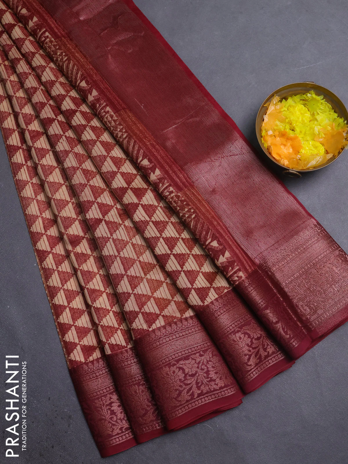 Chanderi silk cotton saree maroon with allover prints and banarasi style border