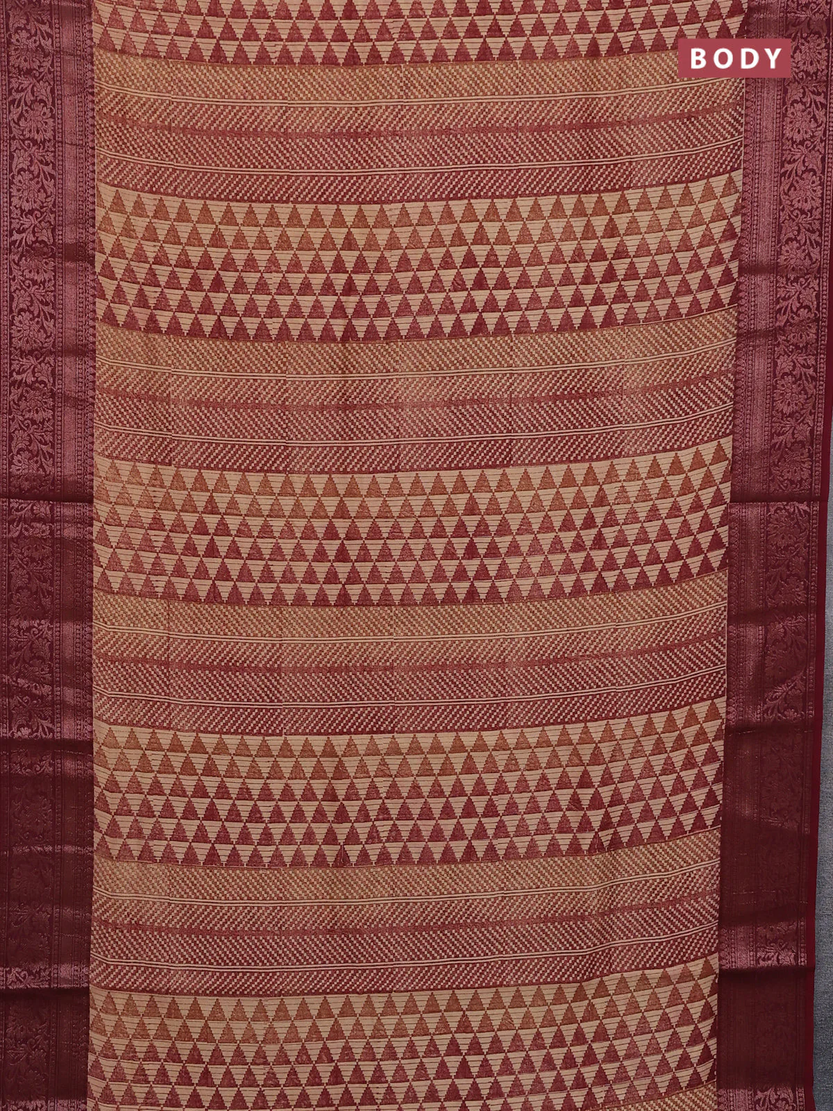Chanderi silk cotton saree maroon with allover prints and banarasi style border - Image 2