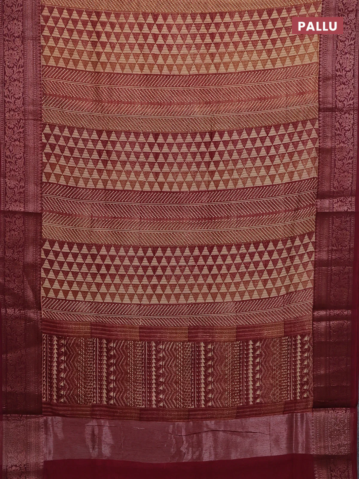 Chanderi silk cotton saree maroon with allover prints and banarasi style border - Image 3