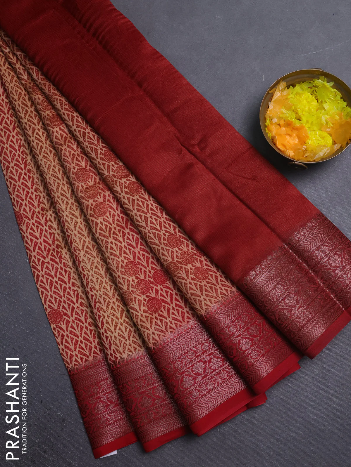 Chanderi silk cotton saree maroon with allover prints and banarasi style border