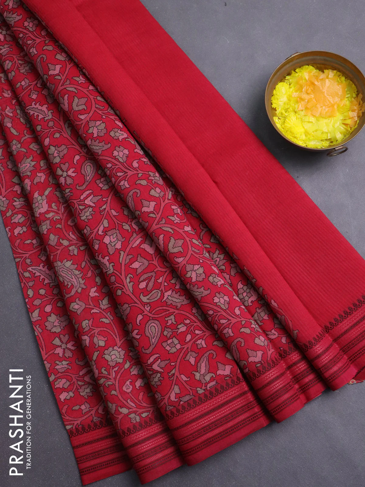 Chanderi silk cotton saree maroon with allover prints and thread woven border