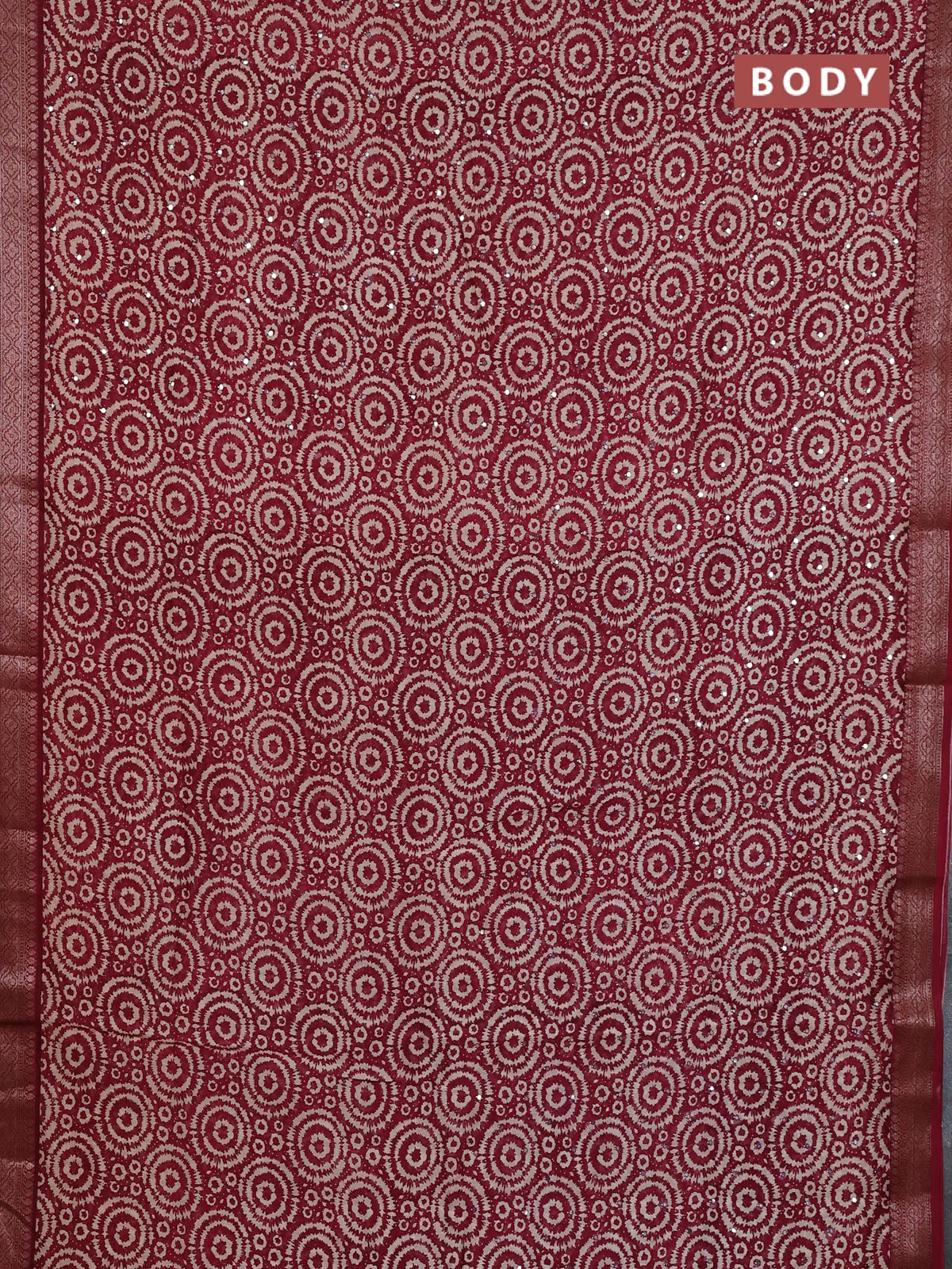 Chanderi silk cotton saree maroon with allover prints & mirror work and banarasi style border - Image 2