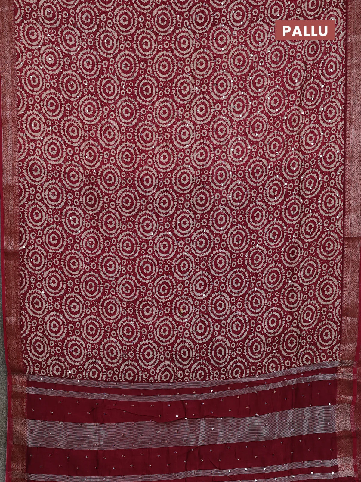 Chanderi silk cotton saree maroon with allover prints & mirror work and banarasi style border - Image 3