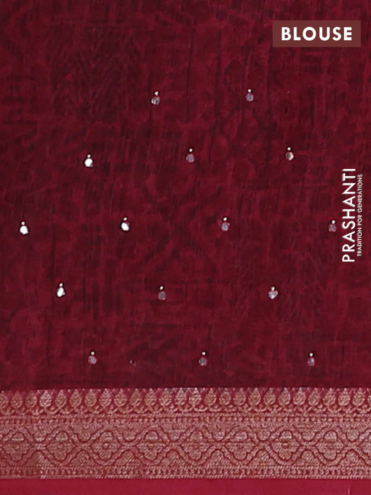 Chanderi silk cotton saree maroon with allover prints & mirror work and banarasi style border - Image 4