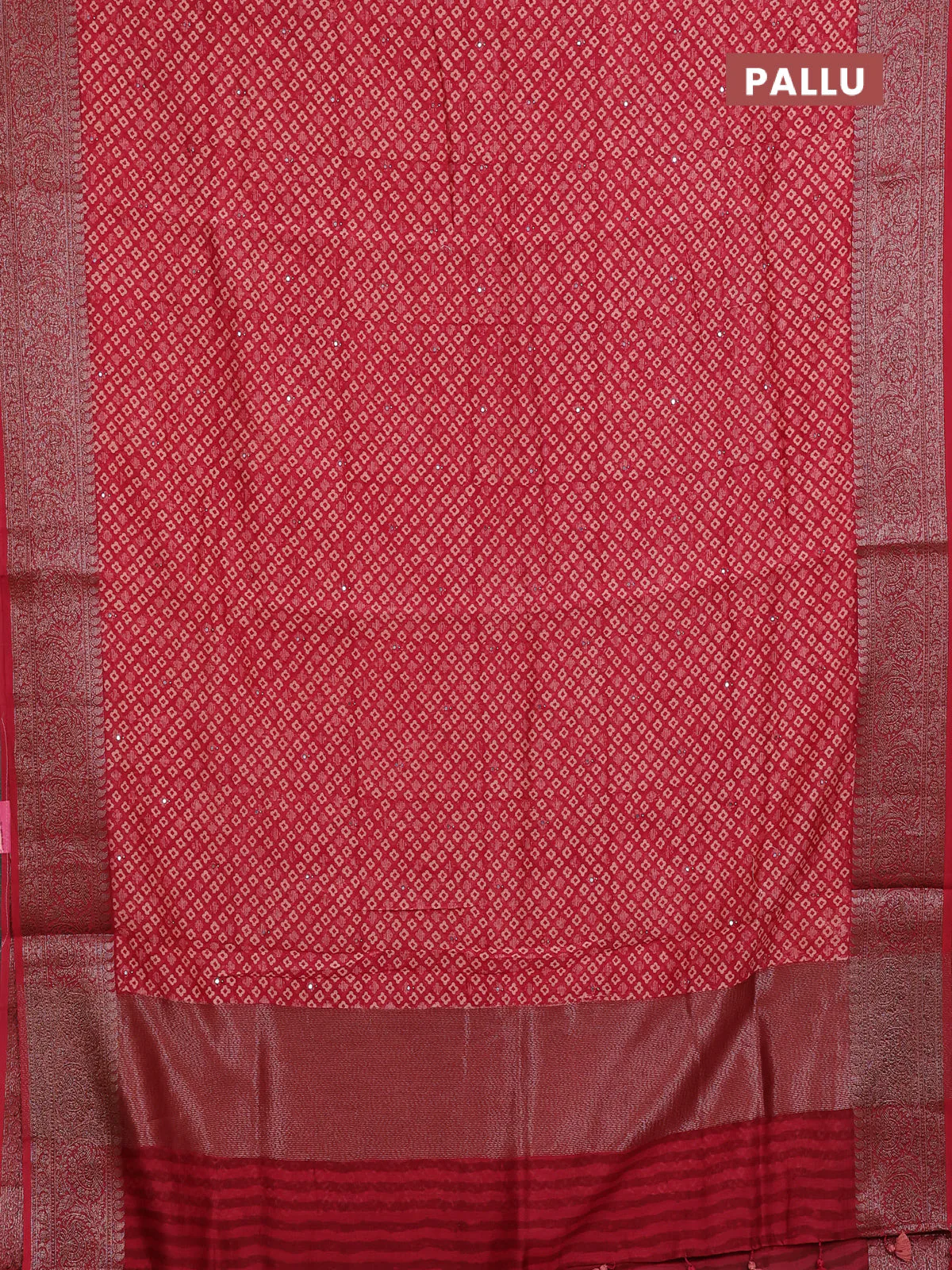 Chanderi silk cotton saree maroon with allover prints & mirror work and banarasi style border - Image 3