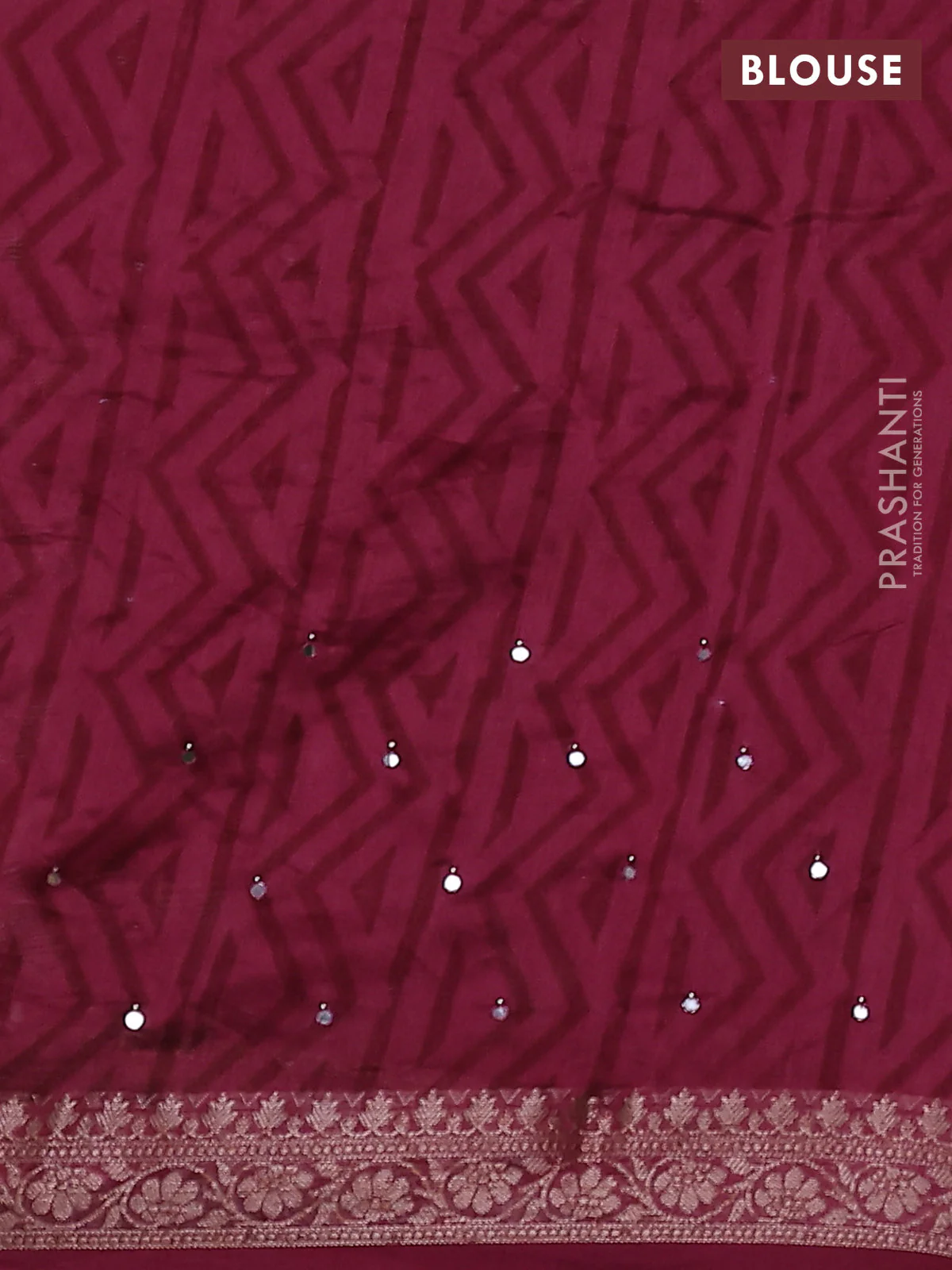 Chanderi silk cotton saree maroon with allover prints & mirror work and zari woven border - Image 3