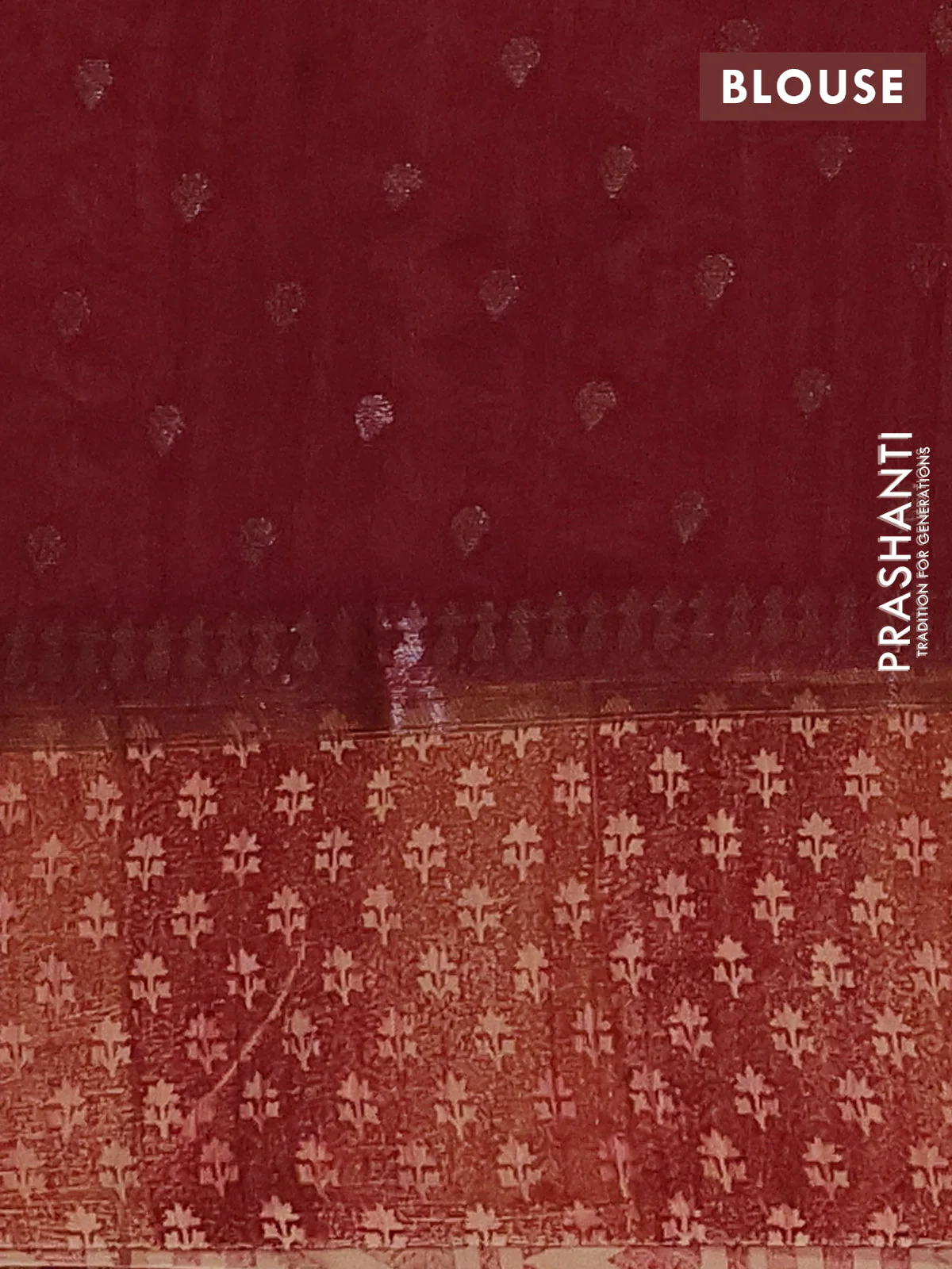 Chanderi silk cotton saree maroon with allover prints & woven buttas and banarasi style border - Image 4