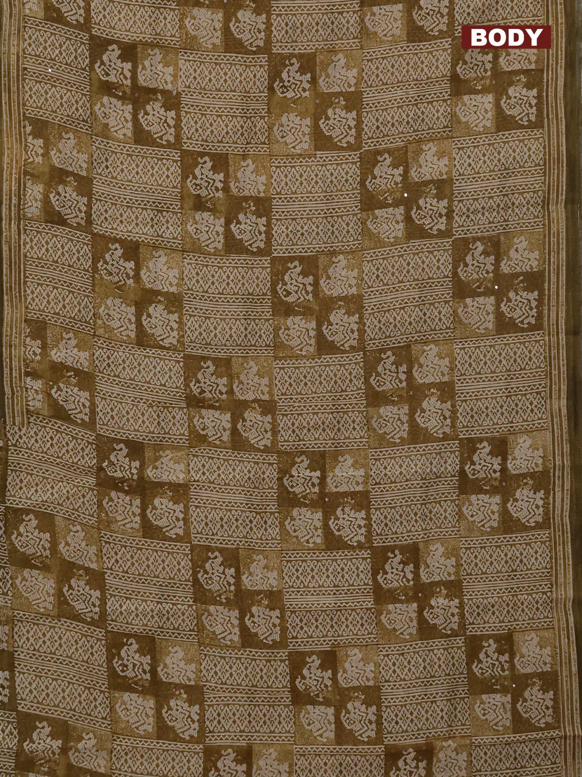 Chanderi silk cotton saree mehendi green and beige with allover prints & mirror work and printed border - Image 2