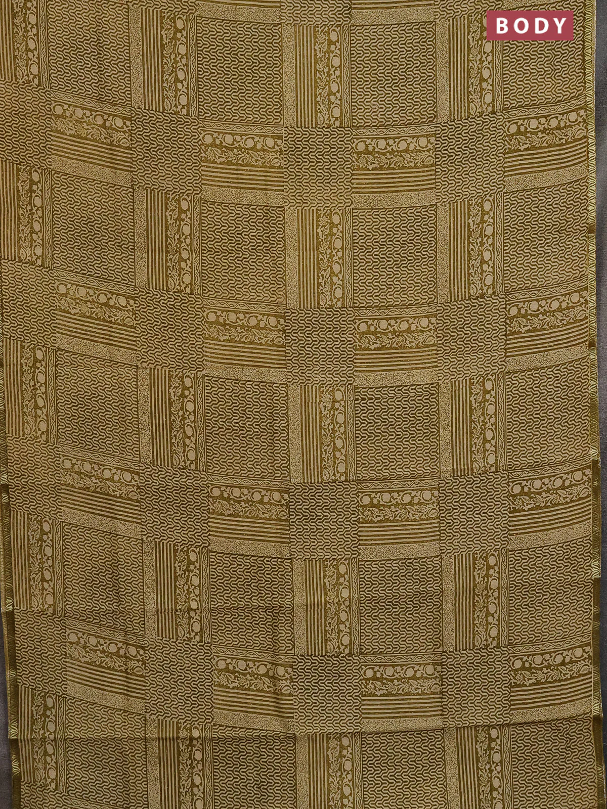 Chanderi silk cotton saree mehendi green and cream with allover prints and small zari woven border - Image 2