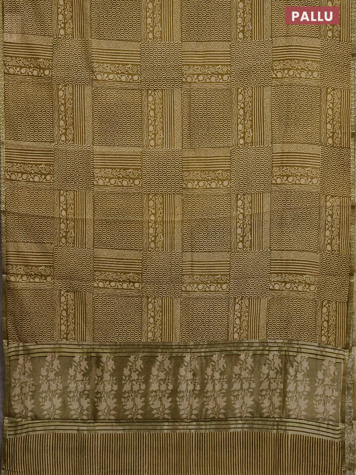 Chanderi silk cotton saree mehendi green and cream with allover prints and small zari woven border - Image 3