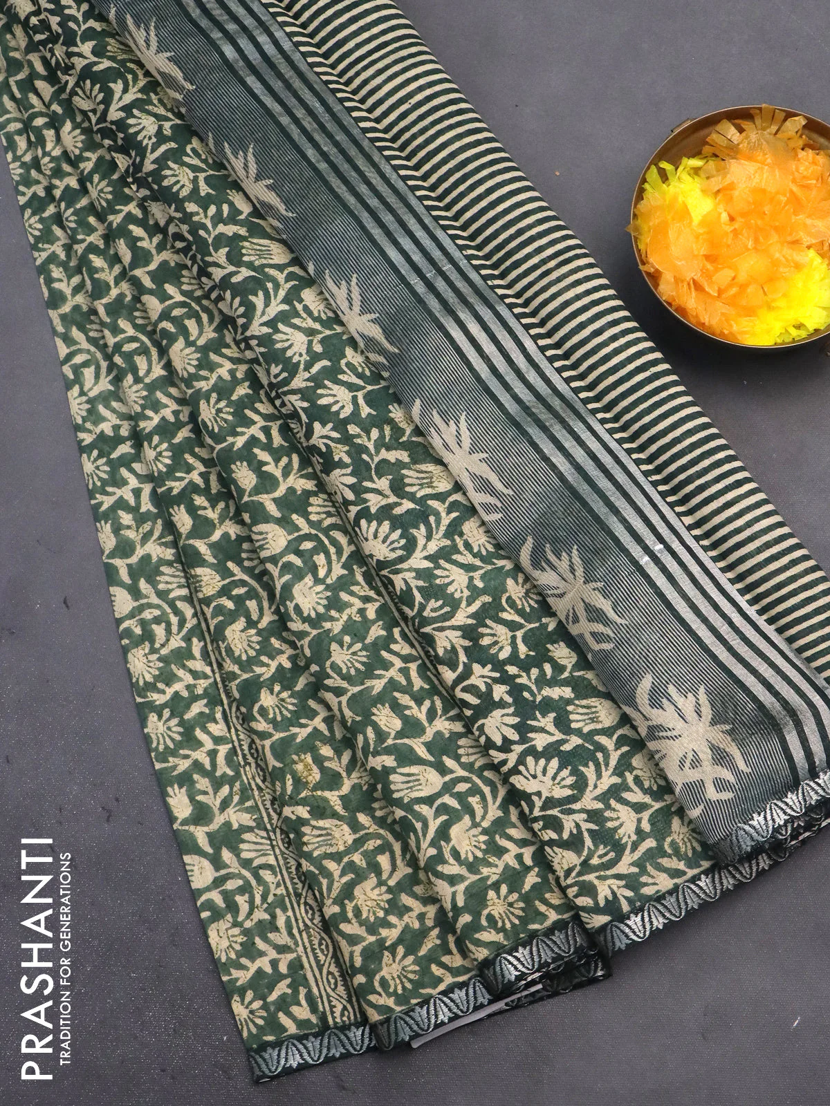 Chanderi silk cotton saree mehendi green and green shade with allover prints and small zari woven border