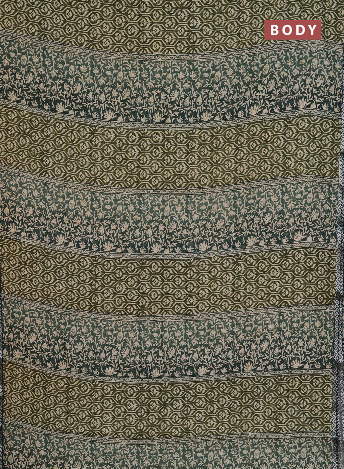 Chanderi silk cotton saree mehendi green and green shade with allover prints and small zari woven border - Image 2