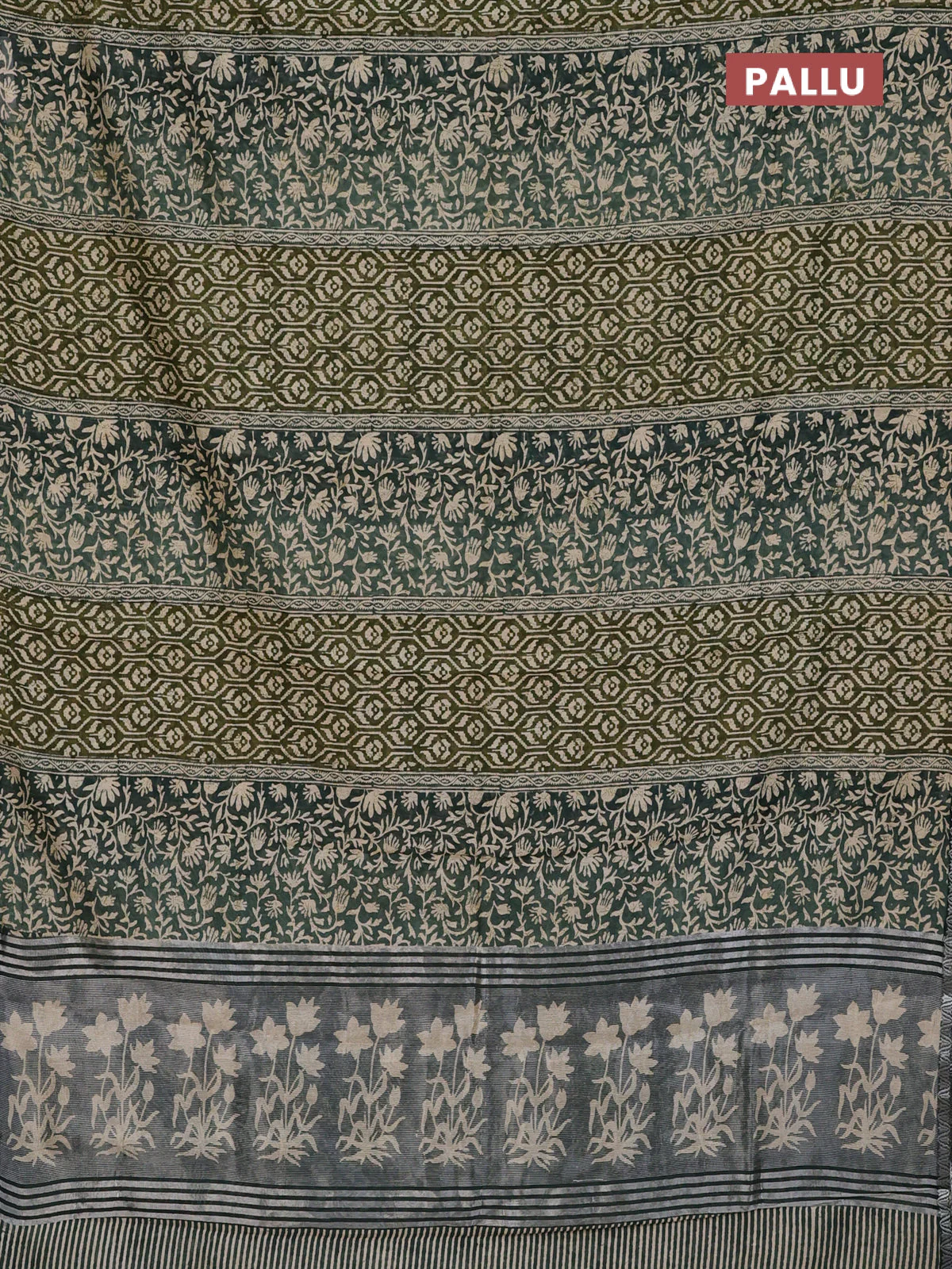 Chanderi silk cotton saree mehendi green and green shade with allover prints and small zari woven border - Image 3