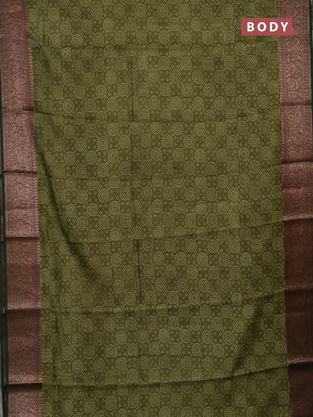 Chanderi silk cotton saree mehendi green and green with allover prints and banarasi style border - Image 2