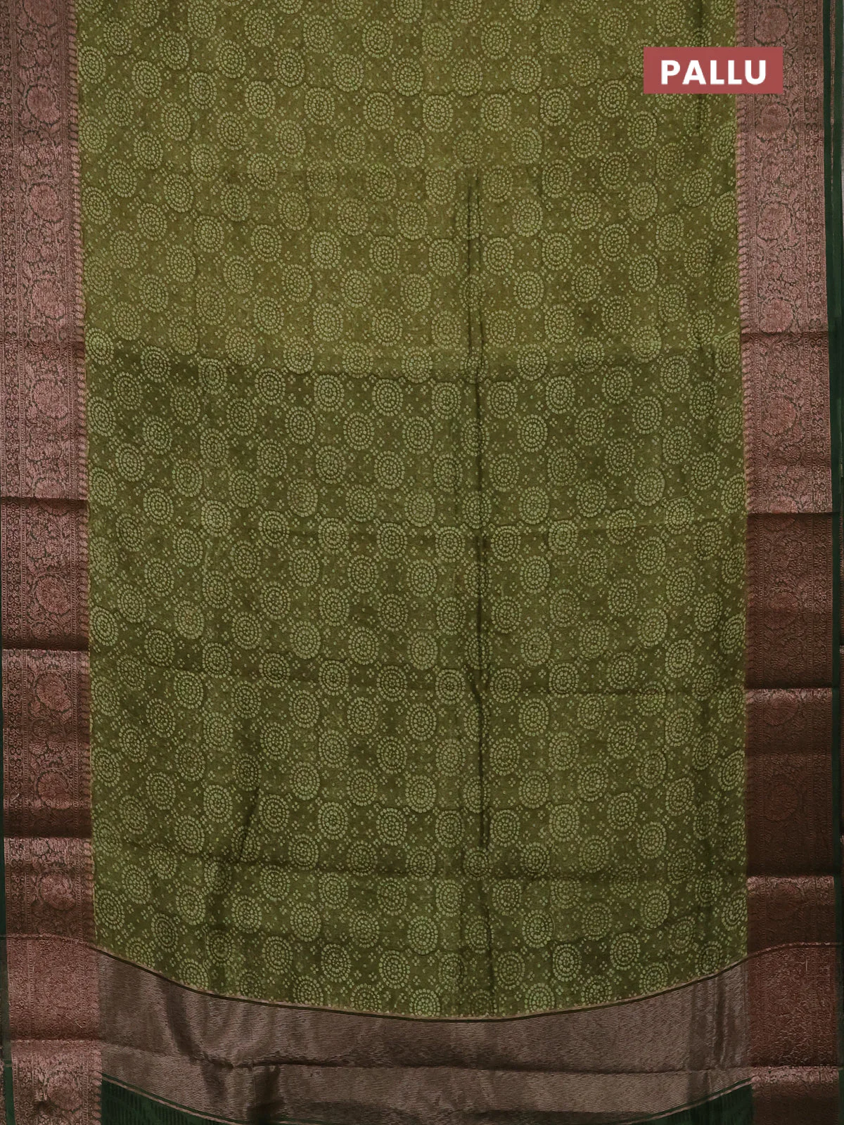 Chanderi silk cotton saree mehendi green and green with allover prints and banarasi style border - Image 3