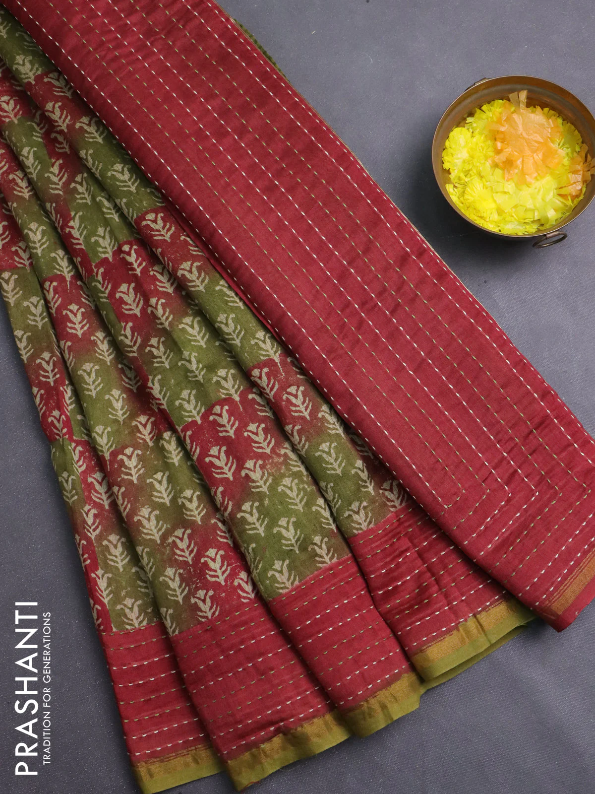 Chanderi silk cotton saree mehendi green and maroon with allover prints and kantha stich work border
