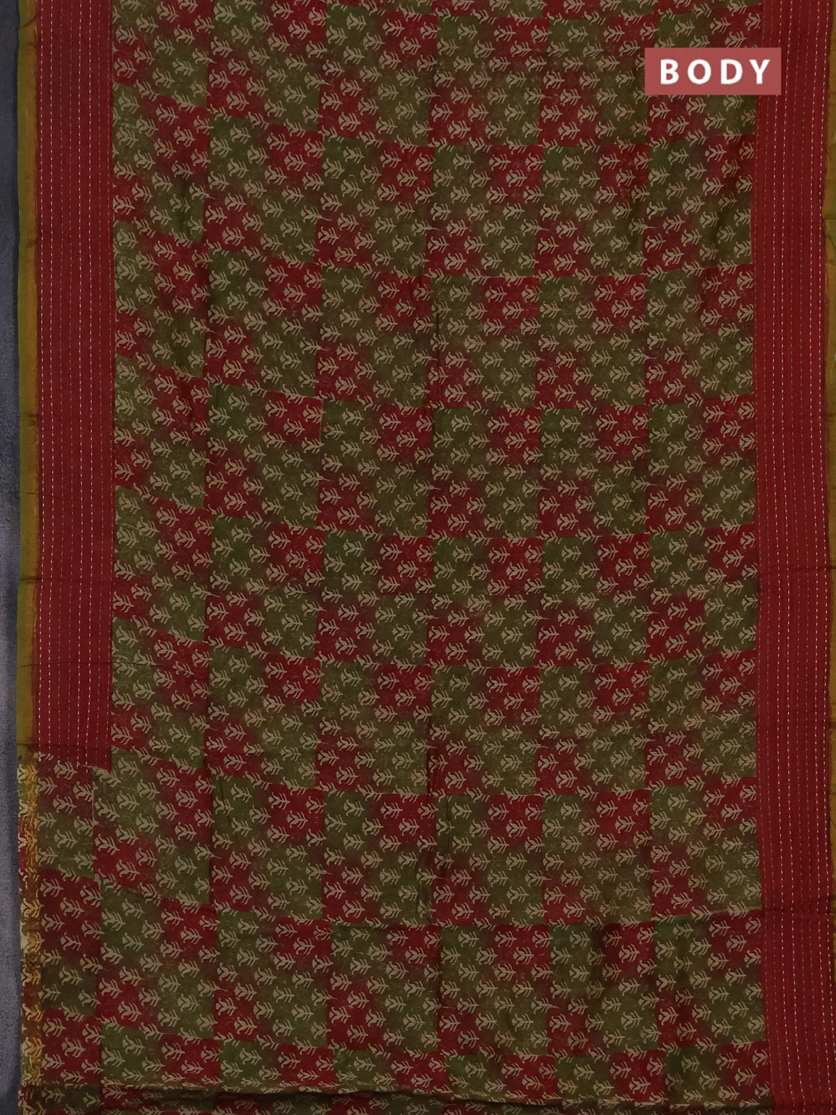 Chanderi silk cotton saree mehendi green and maroon with allover prints and kantha stich work border - Image 2
