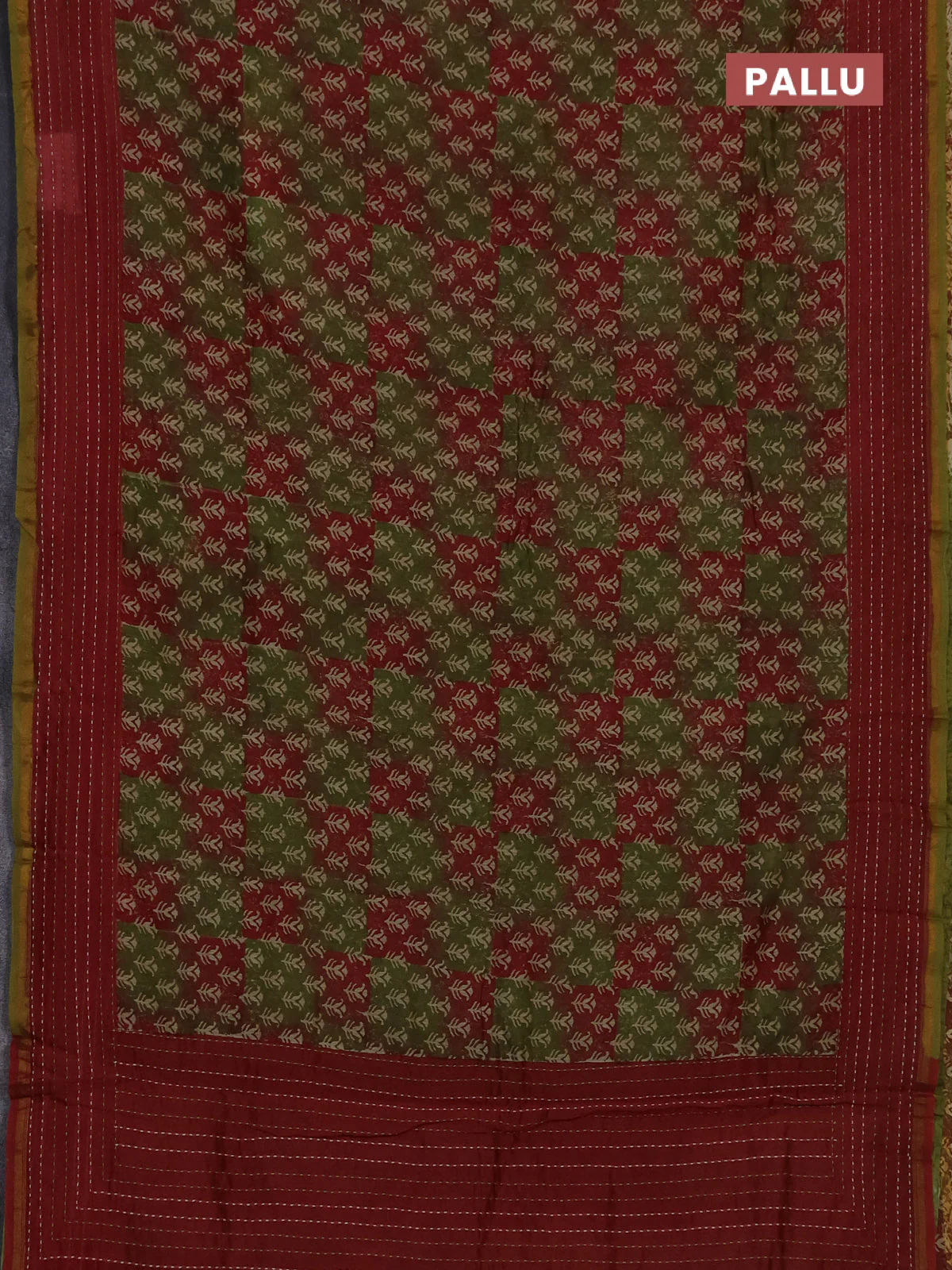 Chanderi silk cotton saree mehendi green and maroon with allover prints and kantha stich work border - Image 3