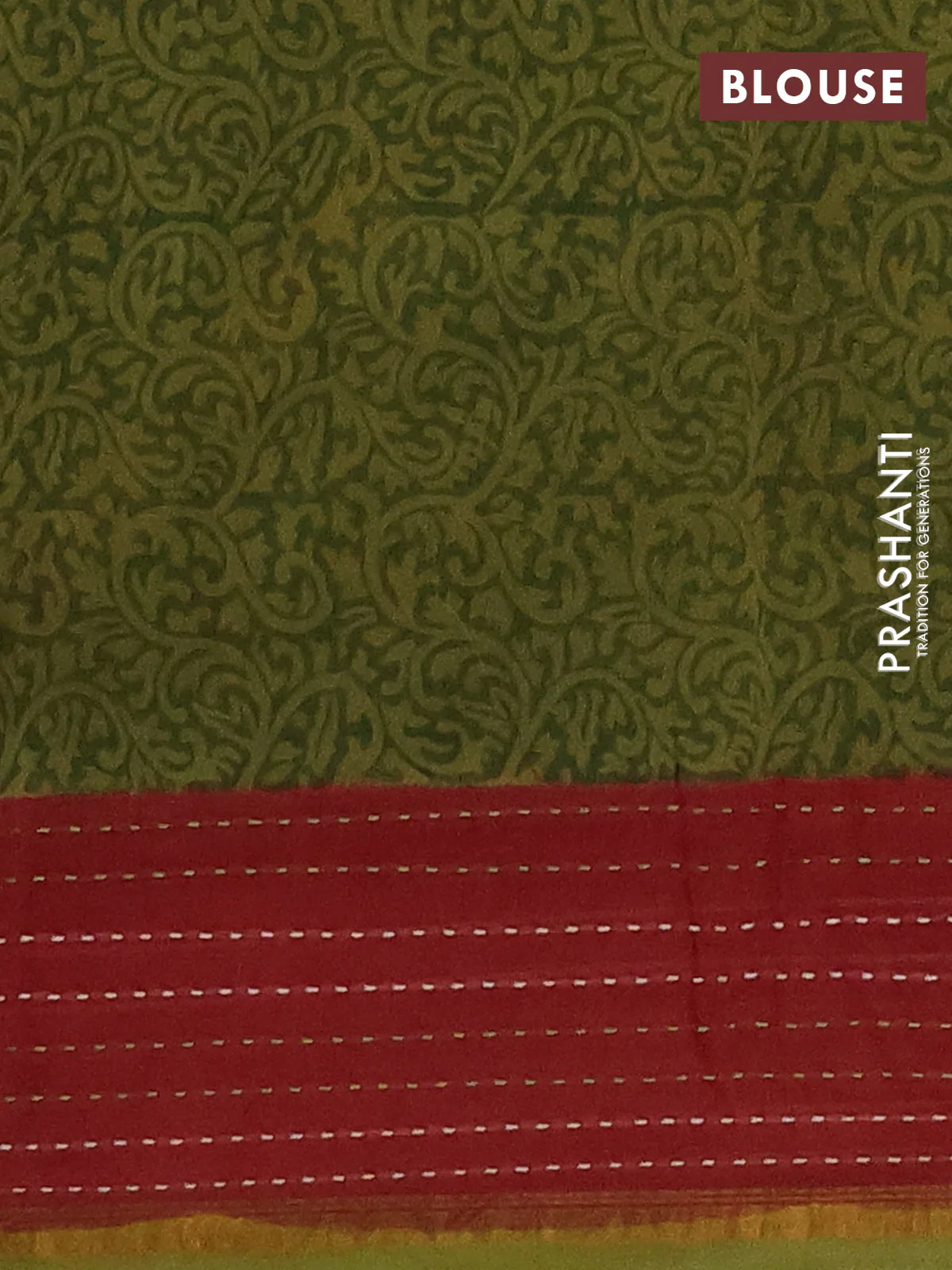 Chanderi silk cotton saree mehendi green and maroon with allover prints and kantha stich work border - Image 4