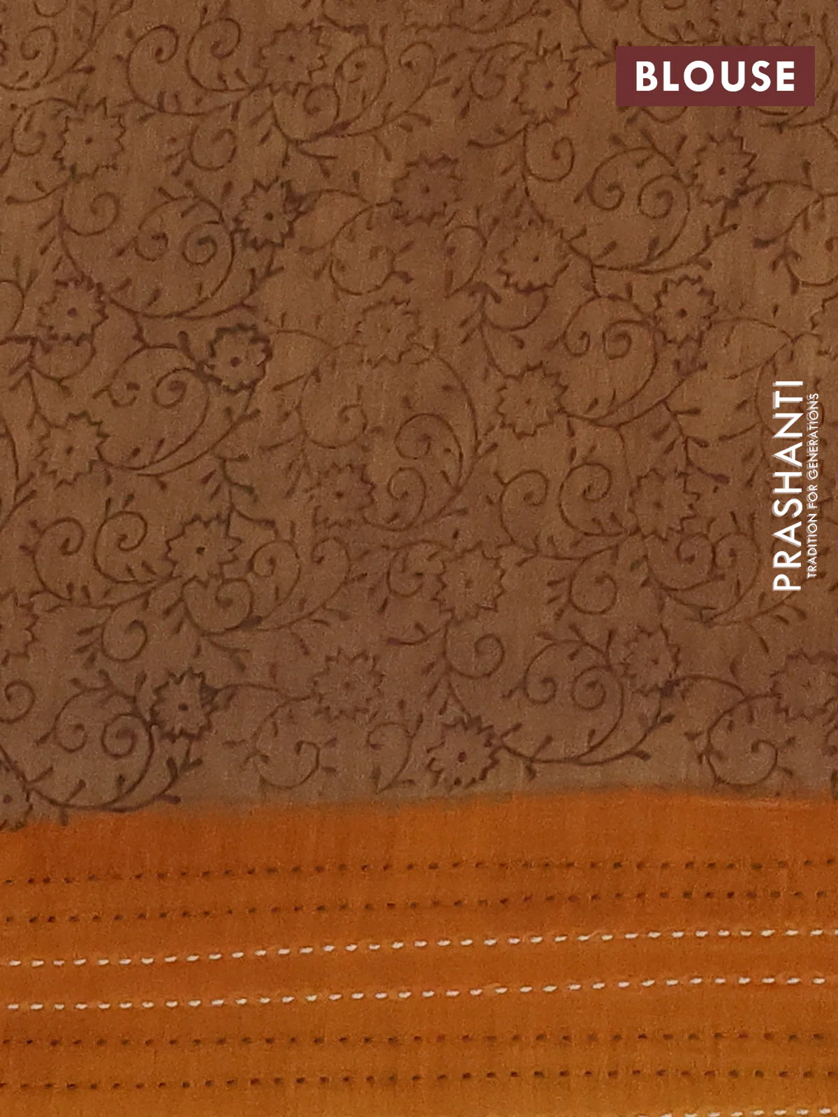 Chanderi silk cotton saree mehendi green and mustard yellow with allover prints and kantha stich work border - Image 4