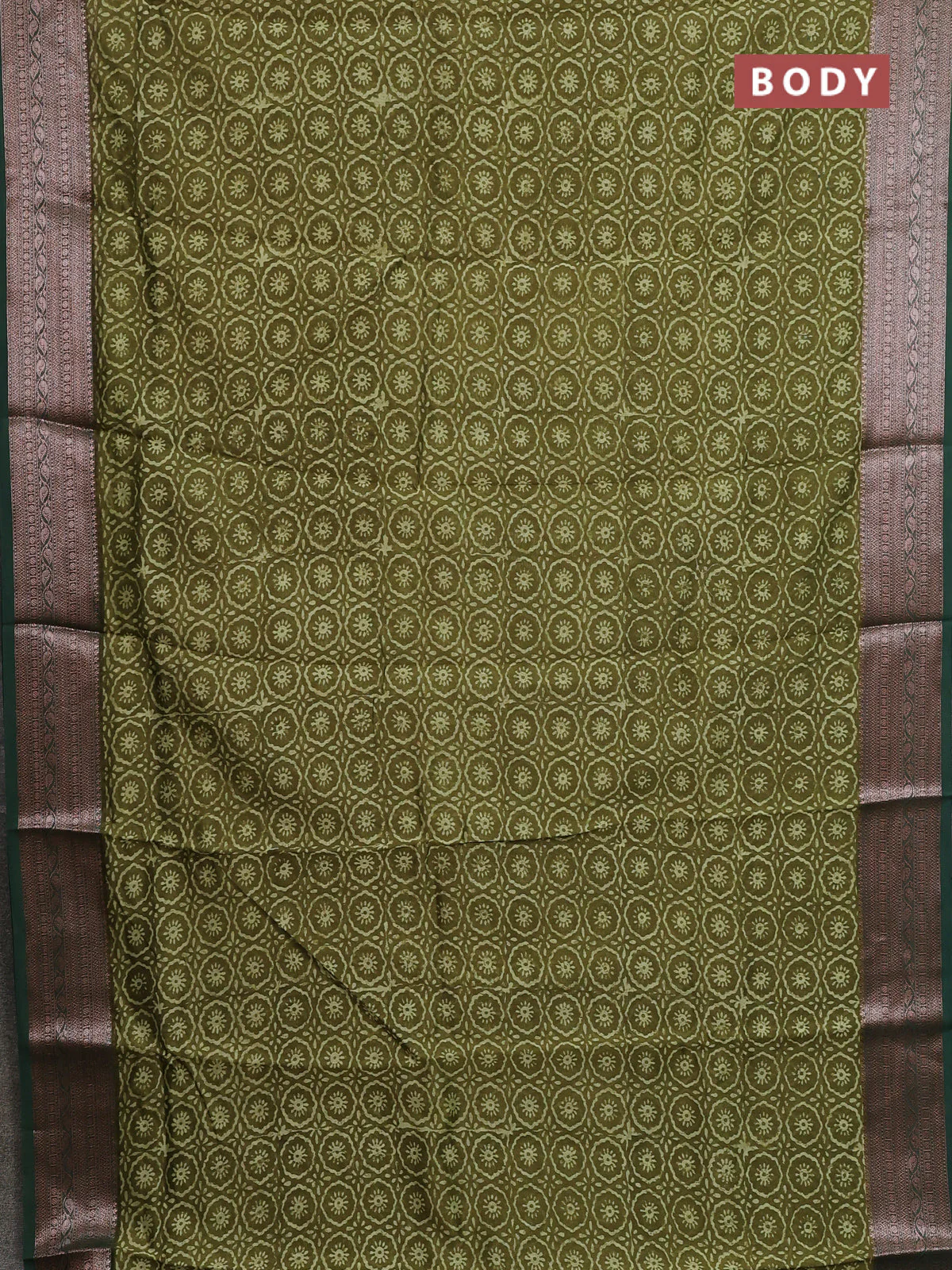 Chanderi silk cotton saree mehendi green and sap green with allover prints and banarasi style border - Image 2