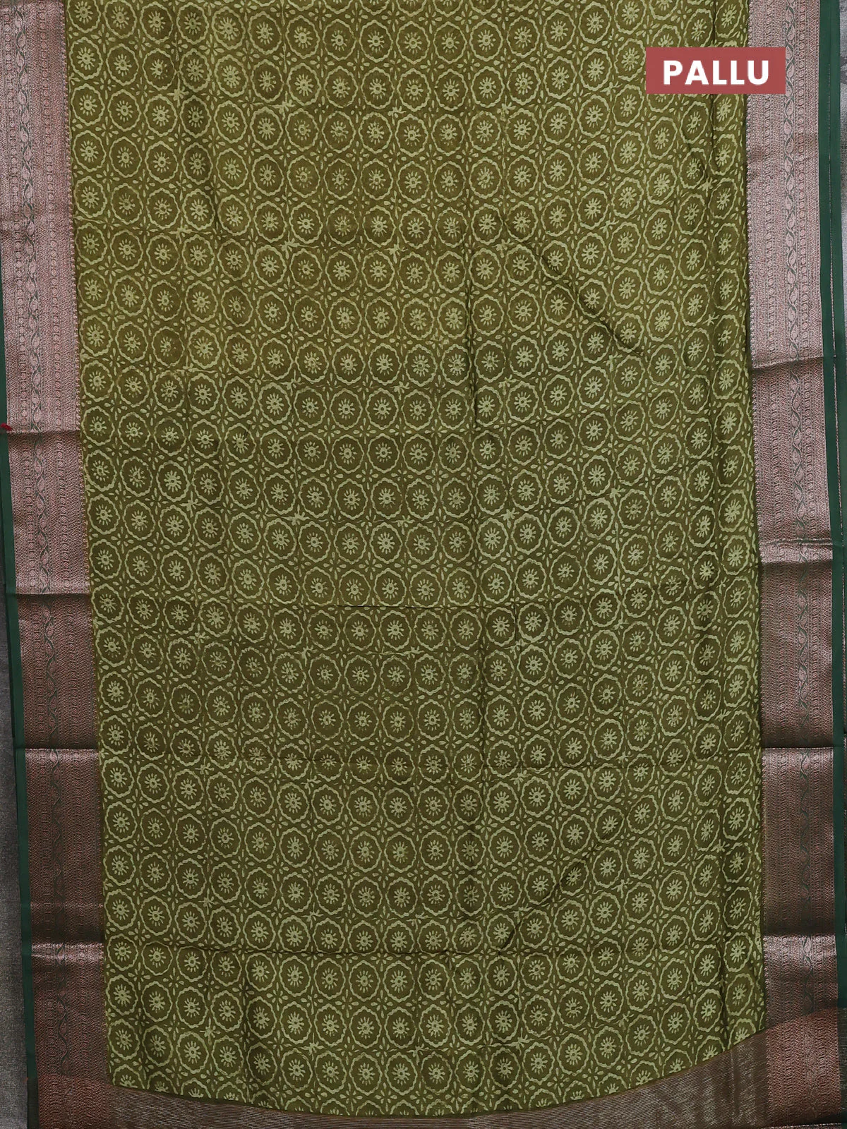 Chanderi silk cotton saree mehendi green and sap green with allover prints and banarasi style border - Image 3