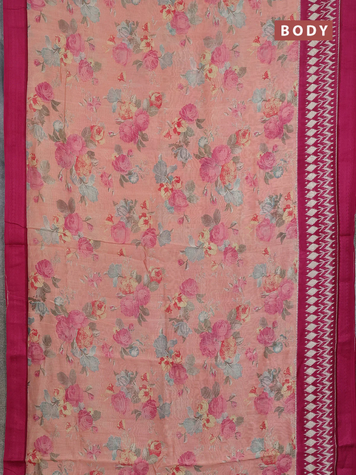 Chanderi silk cotton saree mild peach and wine shade with allover prints and thread woven border - Image 2