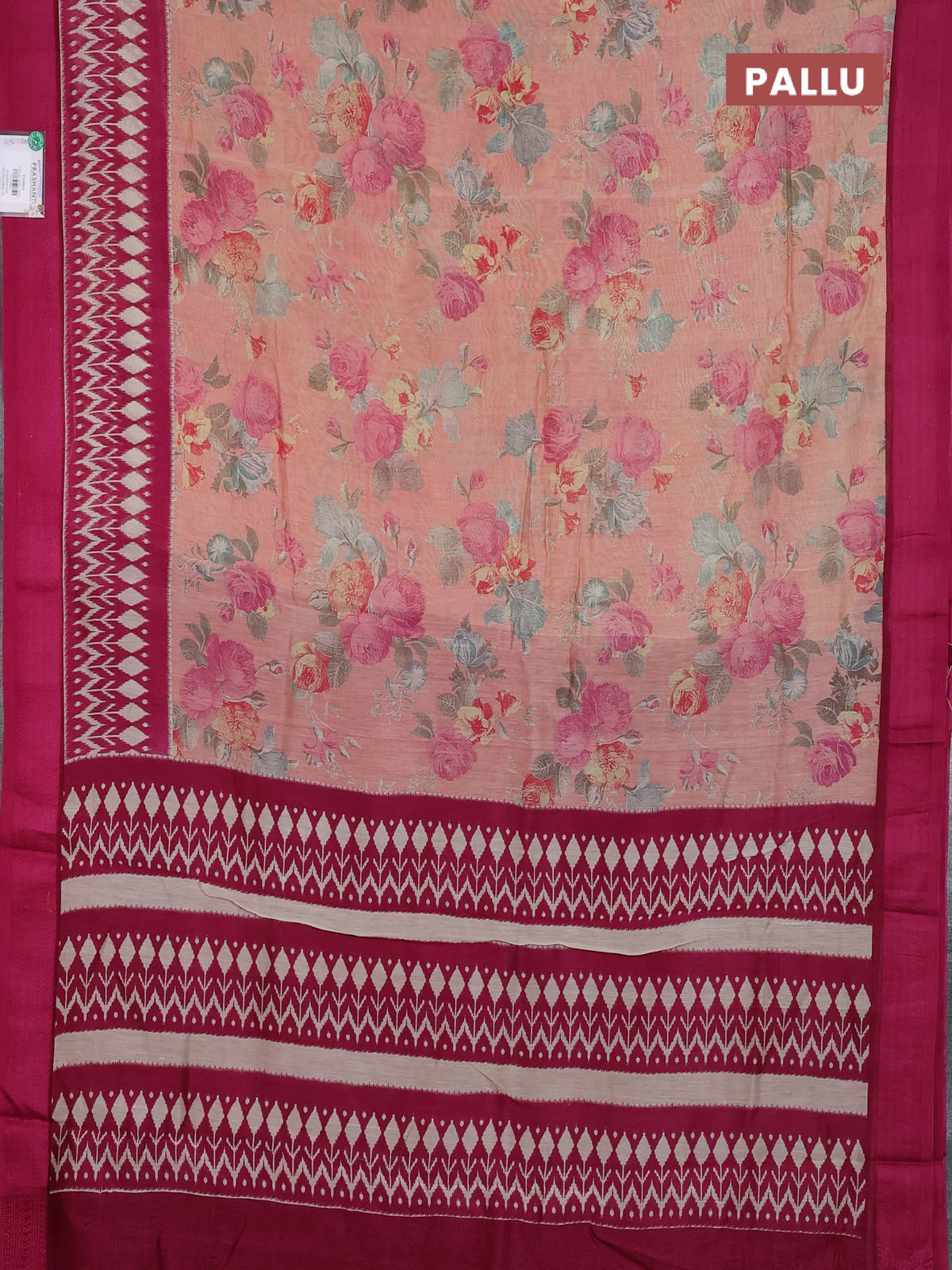 Chanderi silk cotton saree mild peach and wine shade with allover prints and thread woven border - Image 3