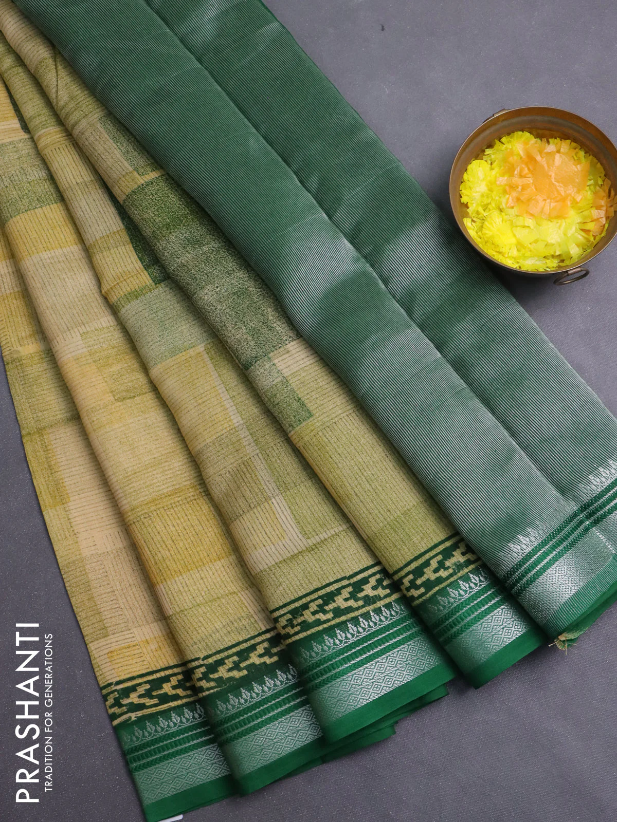 Chanderi silk cotton saree multi colour and green with allover geometric prints and silver zari woven border