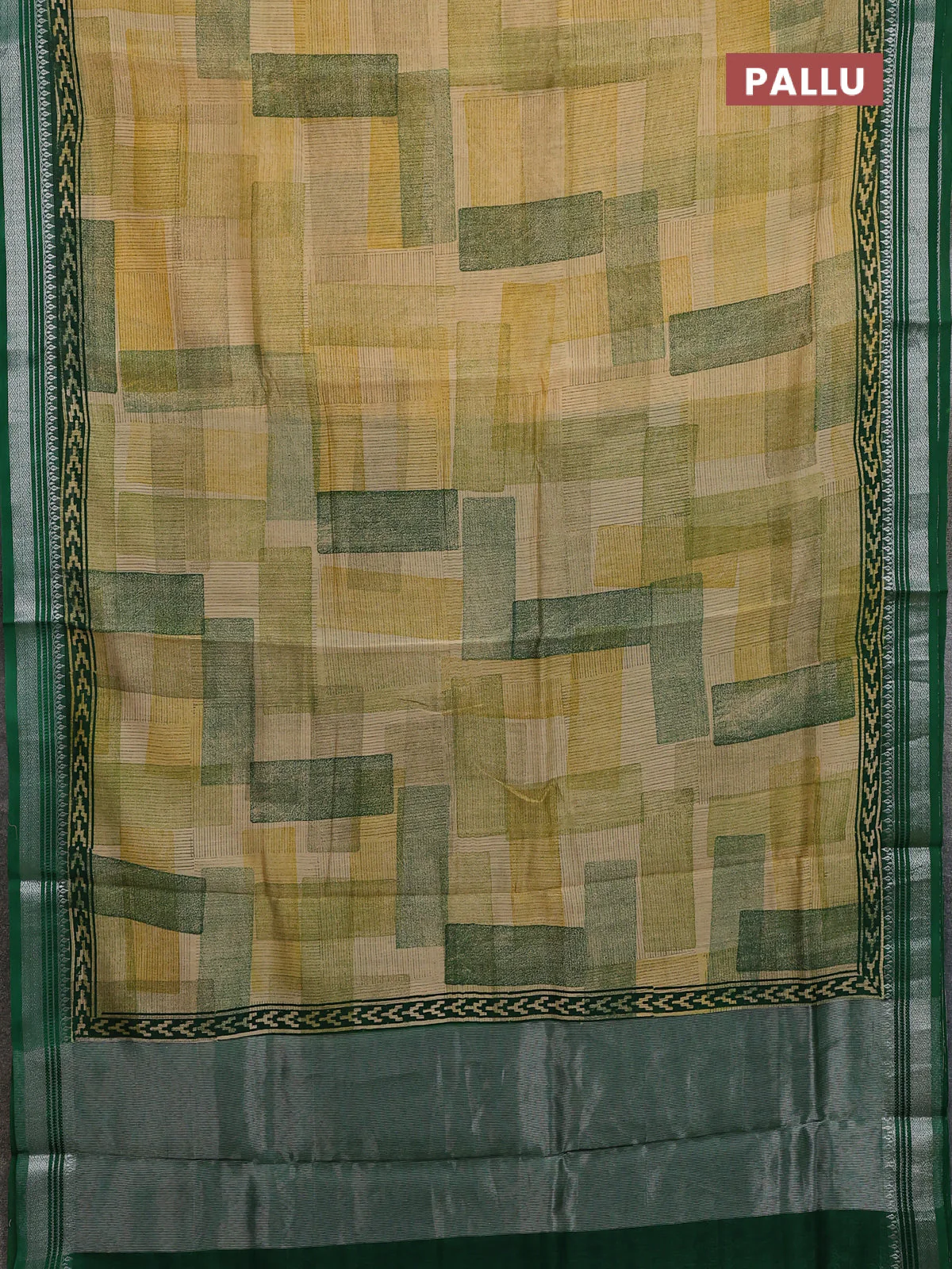 Chanderi silk cotton saree multi colour and green with allover geometric prints and silver zari woven border - Image 3