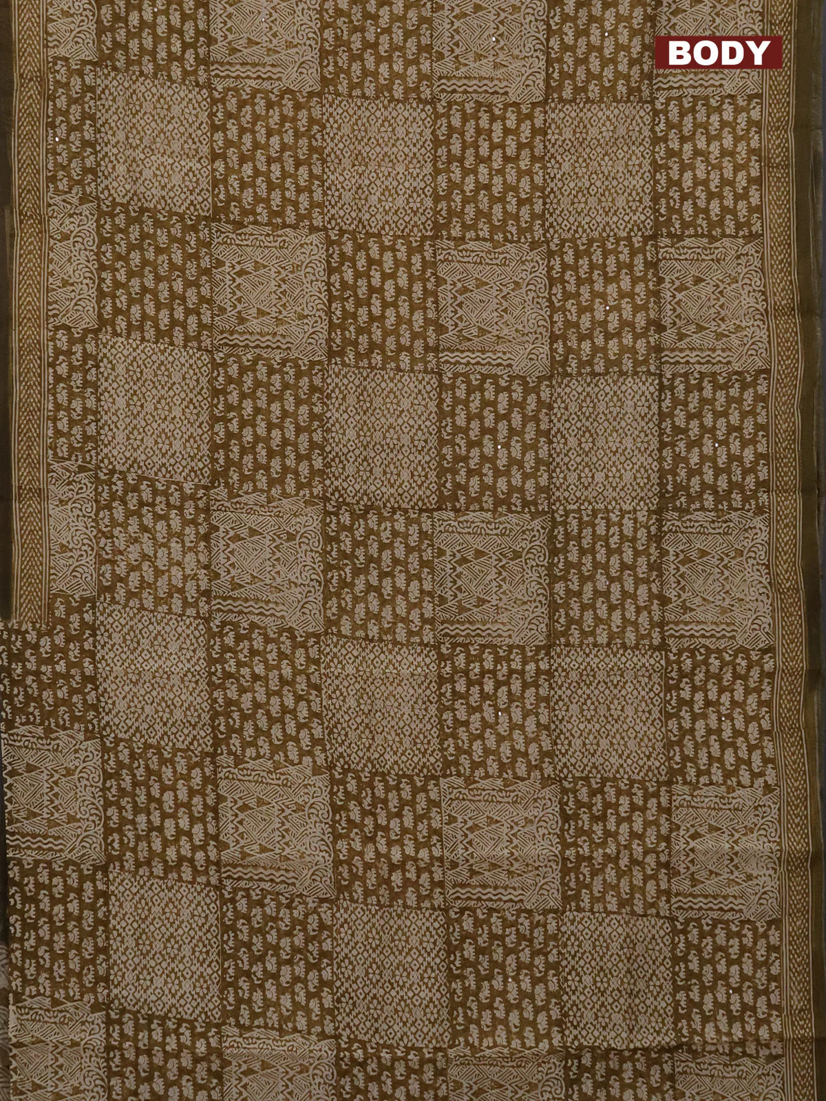 Chanderi silk cotton saree mustard green shade and beige with allover prints & mirror work and printed border - Image 2