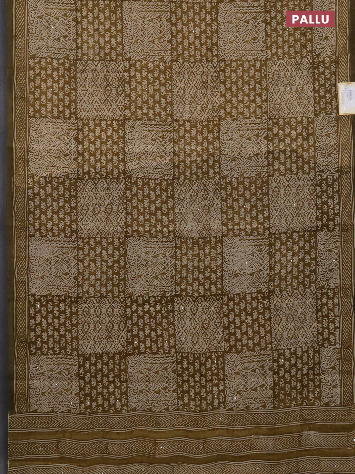 Chanderi silk cotton saree mustard green shade and beige with allover prints & mirror work and printed border - Image 3