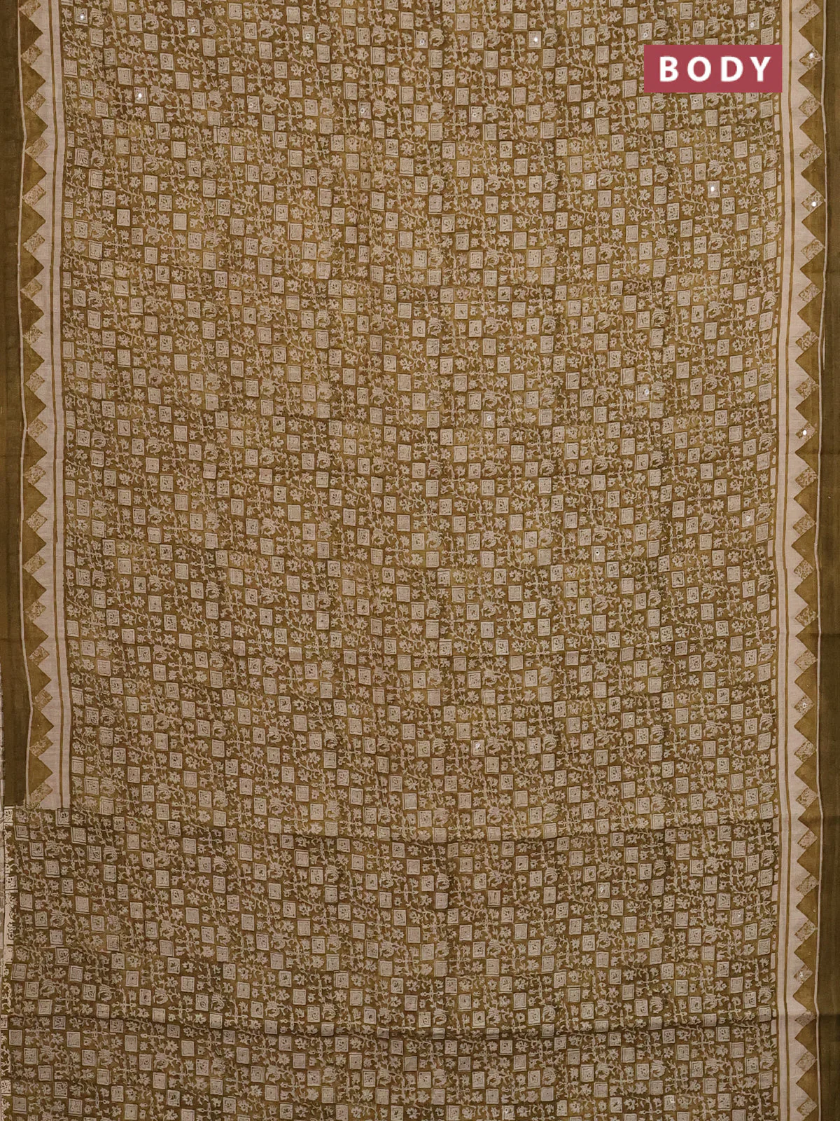 Chanderi silk cotton saree mustard green shade with allover prints & mirror work and mirror work printed border - Image 2