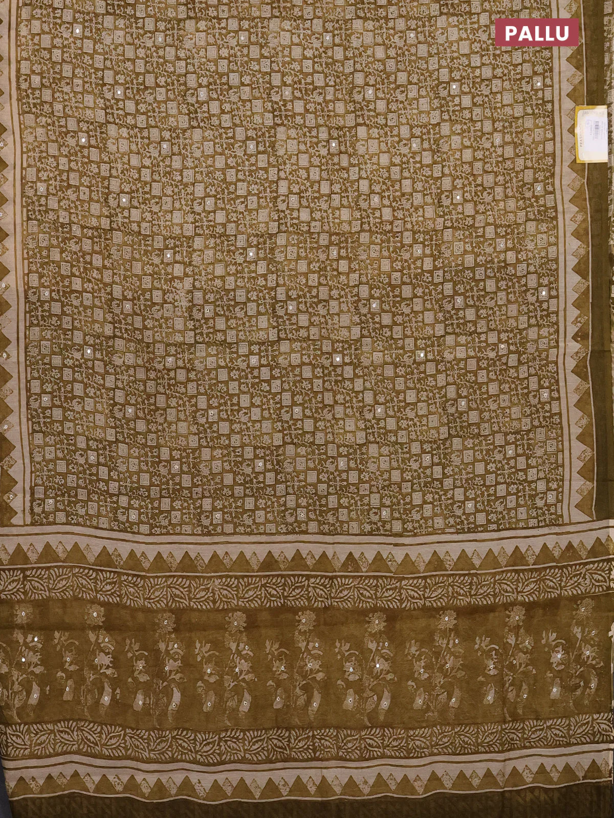 Chanderi silk cotton saree mustard green shade with allover prints & mirror work and mirror work printed border - Image 3
