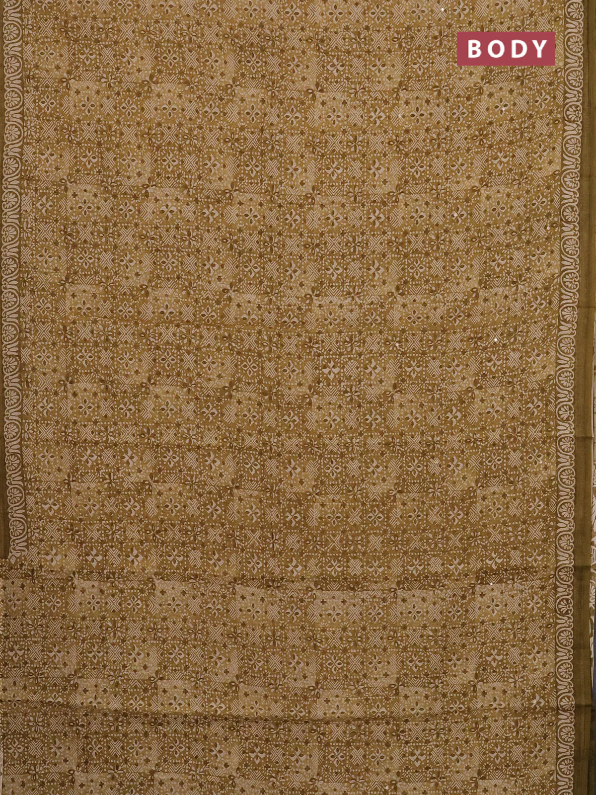 Chanderi silk cotton saree mustard green with allover prints & mirror work and printed border - Image 2
