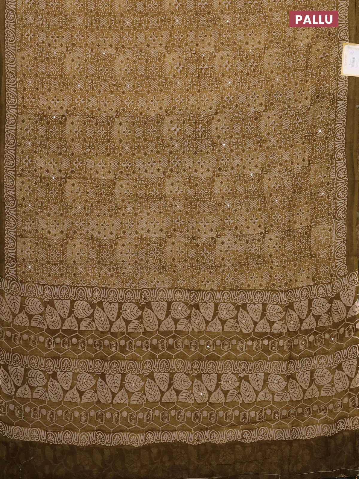 Chanderi silk cotton saree mustard green with allover prints & mirror work and printed border - Image 3