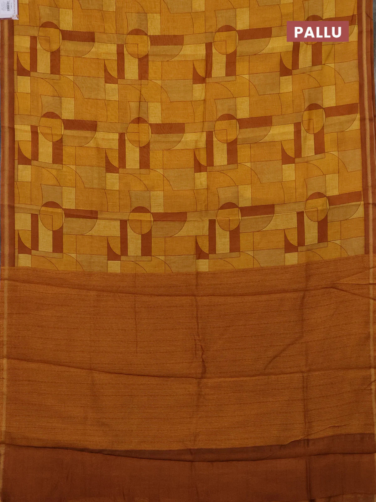 Chanderi silk cotton saree mustard yellow and dark mustard with allover geometric prints and small zari woven border - Image 3