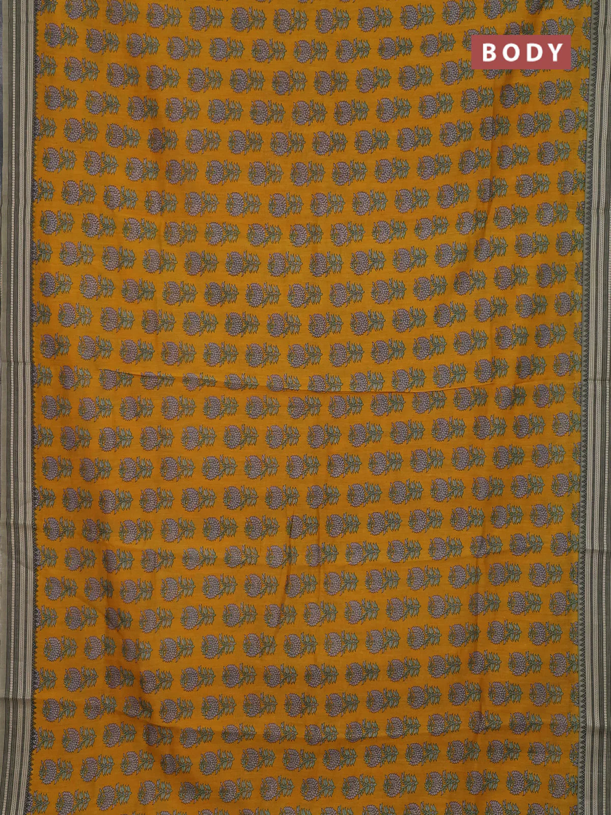 Chanderi silk cotton saree mustard yellow and elaichi green with allover prints and thread woven border - Image 2