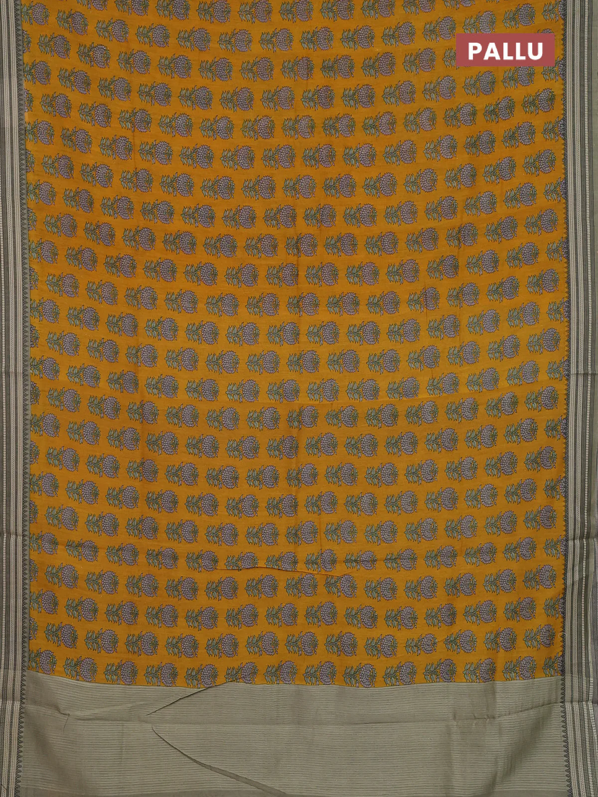 Chanderi silk cotton saree mustard yellow and elaichi green with allover prints and thread woven border - Image 3